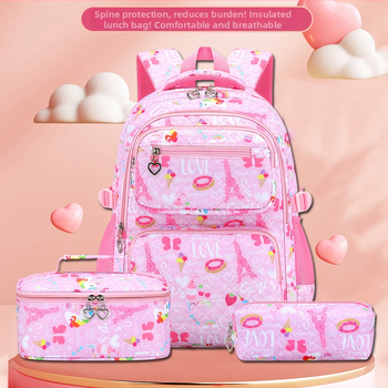 Mergaitėms skirtas trijų dalių Oxford audinio kuprinių komplektas su animaciniu piešiniu, oro pagalvės diržai, kvėpuojantis, ultra lengvas ir sulankstomas – gaivus ir saldus stilius, 5–6 klasei