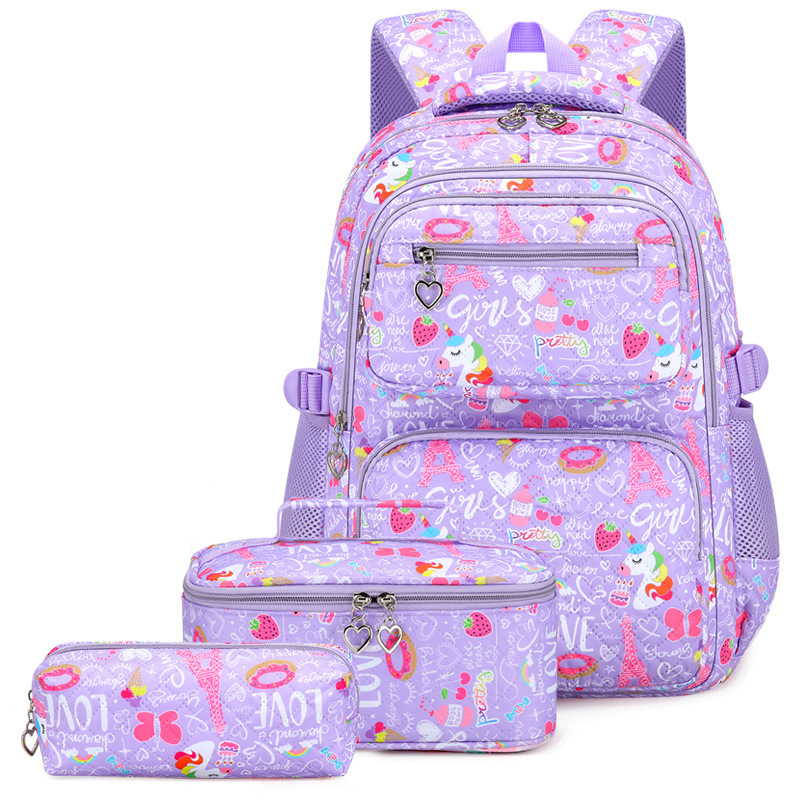 Mergaitėms skirtas trijų dalių Oxford audinio kuprinių komplektas su animaciniu piešiniu, oro pagalvės diržai, kvėpuojantis, ultra lengvas ir sulankstomas – gaivus ir saldus stilius, 5–6 klasei