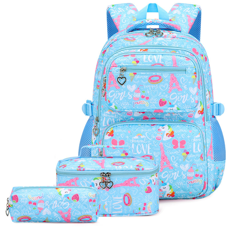 Mergaitėms skirtas trijų dalių Oxford audinio kuprinių komplektas su animaciniu piešiniu, oro pagalvės diržai, kvėpuojantis, ultra lengvas ir sulankstomas – gaivus ir saldus stilius, 5–6 klasei