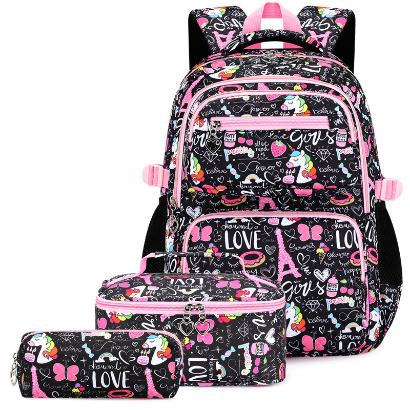 Mergaitėms skirtas trijų dalių Oxford audinio kuprinių komplektas su animaciniu piešiniu, oro pagalvės diržai, kvėpuojantis, ultra lengvas ir sulankstomas – gaivus ir saldus stilius, 5–6 klasei