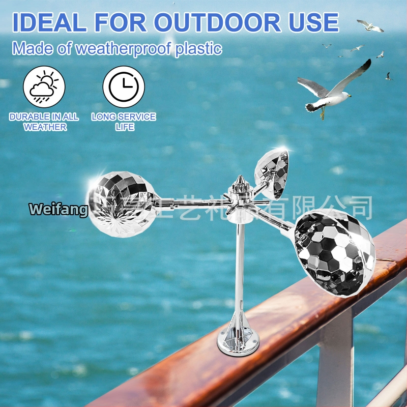 Ochranné zariadenie proti vtákom s napájaním zo slnka a veterným pohonom, ABS konštrukcia, zvukové a svetelné odpudzovanie, určené pre ovocné sady, rybníky a poľnohospodársku pôdu.