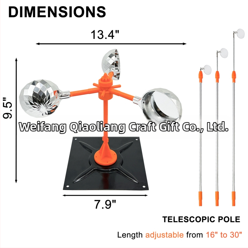 Ochranné zariadenie proti vtákom s napájaním zo slnka a veterným pohonom, ABS konštrukcia, zvukové a svetelné odpudzovanie, určené pre ovocné sady, rybníky a poľnohospodársku pôdu.