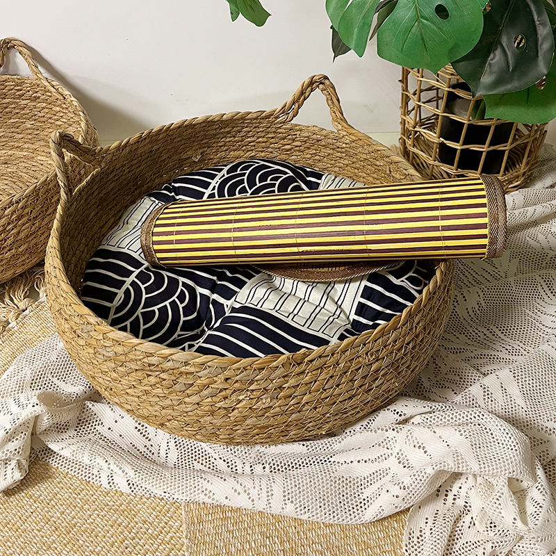 Cuib de pisică din ratan cu covoraș de iarbă, utilizare pentru toate cele patru sezoane, placă de zgâriere pentru pisici, Star Jade