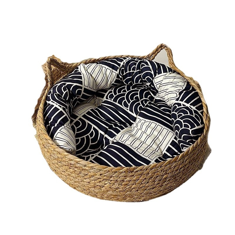 Cuib de pisică din ratan cu covoraș de iarbă, utilizare pentru toate cele patru sezoane, placă de zgâriere pentru pisici, Star Jade