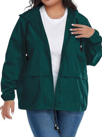 Dámska kapucňová športová nepremokavá bunda s šnúrkou, polyesterová látka, zips, štandardná dĺžka, dlhý rukáv