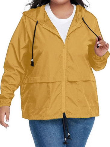 Dámska kapucňová športová nepremokavá bunda s šnúrkou, polyesterová látka, zips, štandardná dĺžka, dlhý rukáv