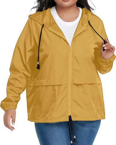 Dámska kapucňová športová nepremokavá bunda s šnúrkou, polyesterová látka, zips, štandardná dĺžka, dlhý rukáv