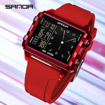 Sanda digitálne školské hodinky — obdĺžnikový ciferník, plastové puzdro, silikónový remienok, vodotesnosť 50 m, elektronický pohon