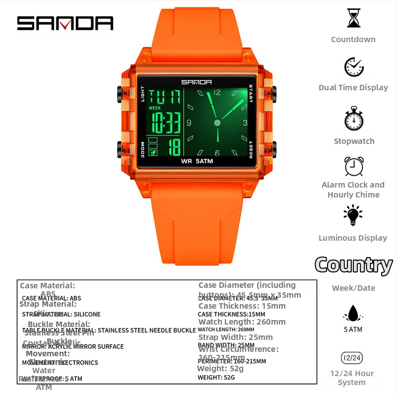 Sanda digitálne školské hodinky — obdĺžnikový ciferník, plastové puzdro, silikónový remienok, vodotesnosť 50 m, elektronický pohon