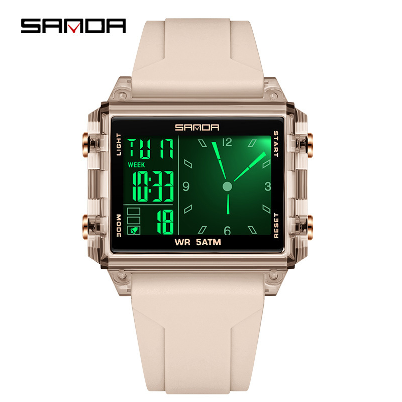 Sanda digitálne školské hodinky — obdĺžnikový ciferník, plastové puzdro, silikónový remienok, vodotesnosť 50 m, elektronický pohon