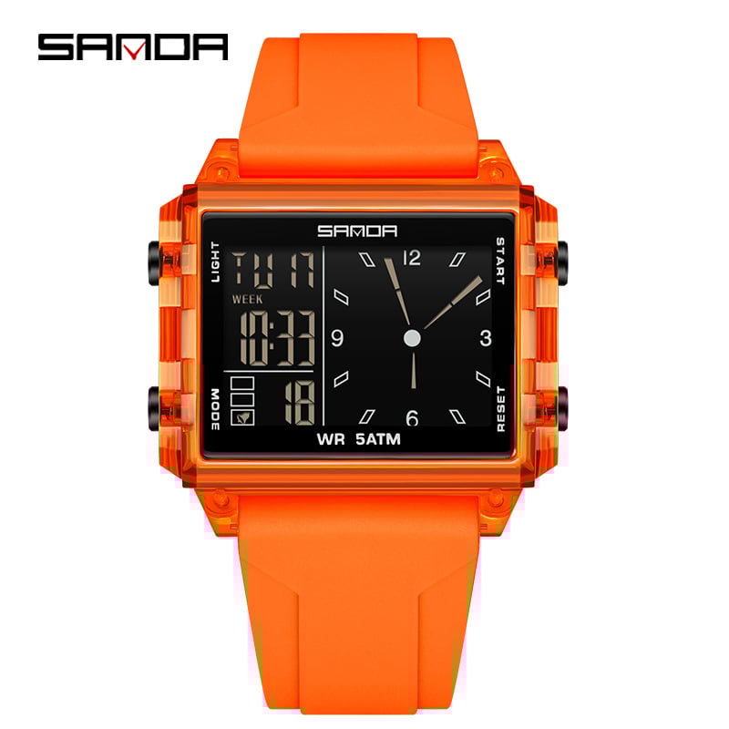 Sanda digitálne školské hodinky — obdĺžnikový ciferník, plastové puzdro, silikónový remienok, vodotesnosť 50 m, elektronický pohon