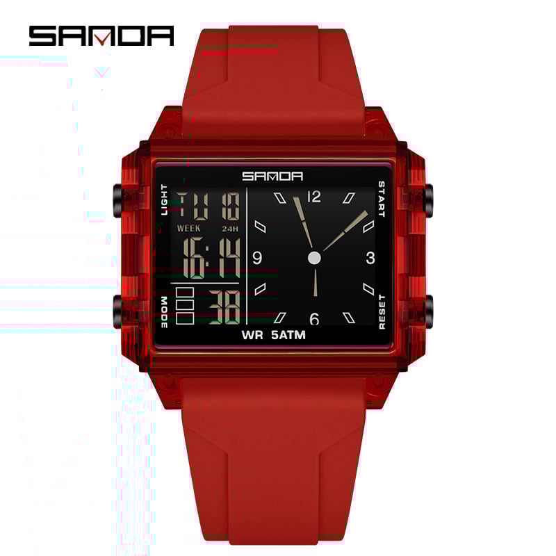 Sanda digitálne školské hodinky — obdĺžnikový ciferník, plastové puzdro, silikónový remienok, vodotesnosť 50 m, elektronický pohon