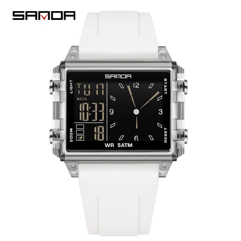 Sanda digitálne školské hodinky — obdĺžnikový ciferník, plastové puzdro, silikónový remienok, vodotesnosť 50 m, elektronický pohon