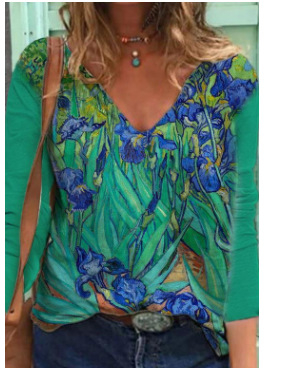 Majica s dugim rukavima s 3D printom, labav kroj, V-izrez, obična duljina, poliester (70–80% glavne tkanine), jesen 2024