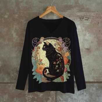 Majica s dugim rukavima s 3D printom, labav kroj, V-izrez, obična duljina, poliester (70–80% glavne tkanine), jesen 2024