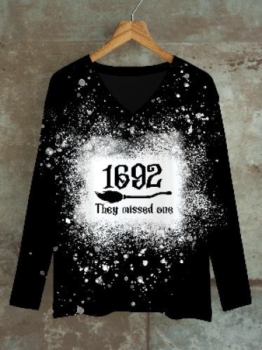 Majica s dugim rukavima s 3D printom, labav kroj, V-izrez, obična duljina, poliester (70–80% glavne tkanine), jesen 2024