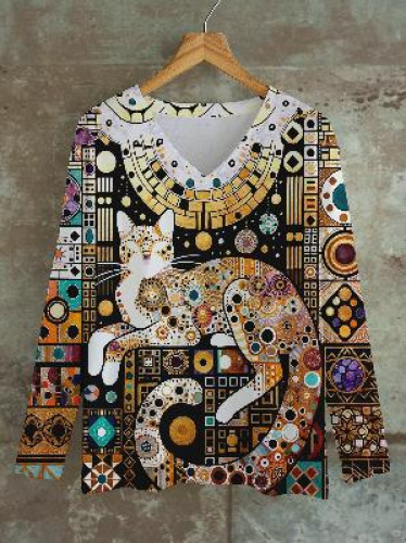 Majica s dugim rukavima s 3D printom, labav kroj, V-izrez, obična duljina, poliester (70–80% glavne tkanine), jesen 2024