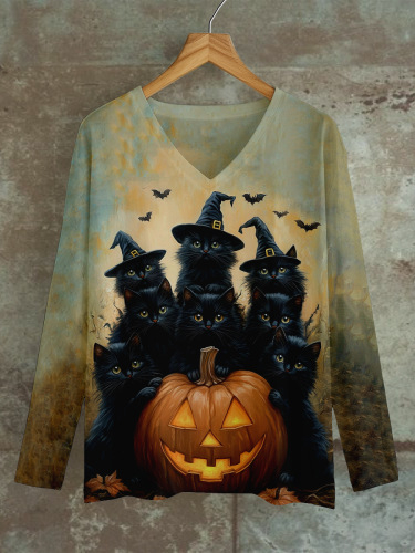 Majica s dugim rukavima s 3D printom, labav kroj, V-izrez, obična duljina, poliester (70–80% glavne tkanine), jesen 2024