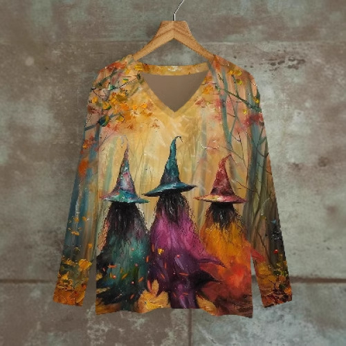 Majica s dugim rukavima s 3D printom, labav kroj, V-izrez, obična duljina, poliester (70–80% glavne tkanine), jesen 2024