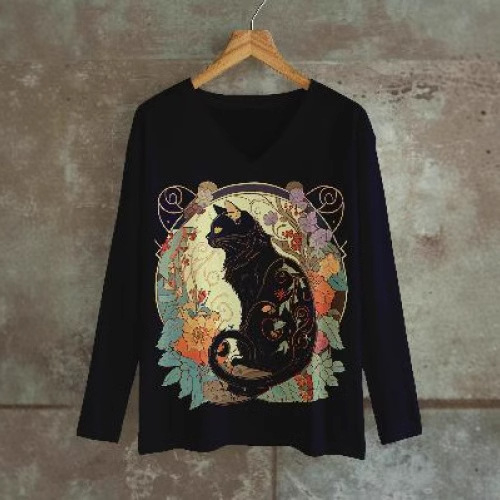 Majica s dugim rukavima s 3D printom, labav kroj, V-izrez, obična duljina, poliester (70–80% glavne tkanine), jesen 2024