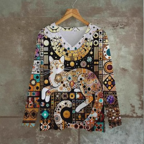 Majica s dugim rukavima s 3D printom, labav kroj, V-izrez, obična duljina, poliester (70–80% glavne tkanine), jesen 2024