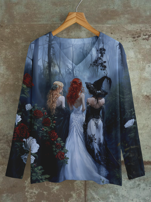 Majica s dugim rukavima s 3D printom, labav kroj, V-izrez, obična duljina, poliester (70–80% glavne tkanine), jesen 2024