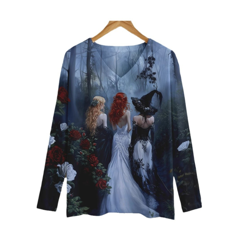 Majica s dugim rukavima s 3D printom, labav kroj, V-izrez, obična duljina, poliester (70–80% glavne tkanine), jesen 2024