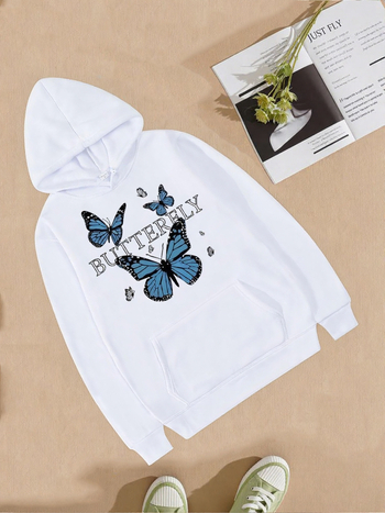 Kapuća džemper s motivom leptira, unisex, opuštenog kroja, dugi rukavi, V-izrez, poliester