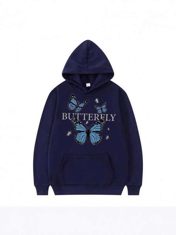 Kapuća džemper s motivom leptira, unisex, opuštenog kroja, dugi rukavi, V-izrez, poliester
