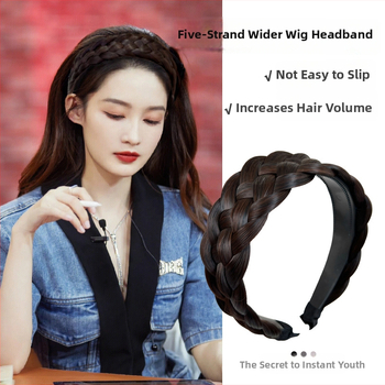 Perucă cu bandă pentru cap, împletitură în cinci șuvițe în formă de coastă de pește, lată și groasă, fibre rezistente la temperatură, lungime medie spre lungă, acoperă firele albe
