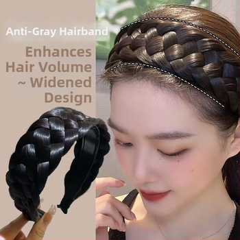 Perucă cu bandă pentru cap, împletitură în cinci șuvițe în formă de coastă de pește, lată și groasă, fibre rezistente la temperatură, lungime medie spre lungă, acoperă firele albe