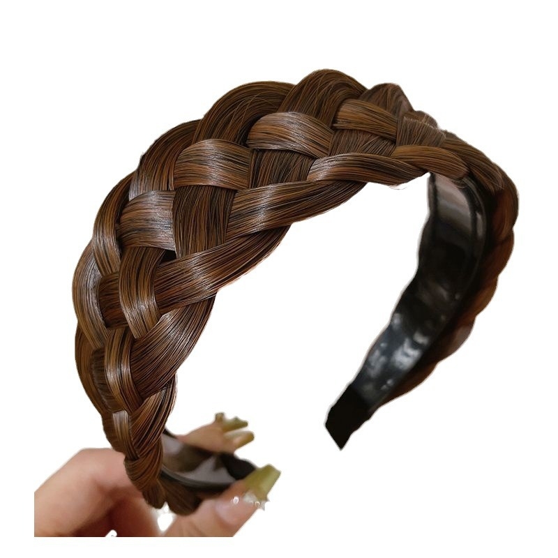 Perucă cu bandă pentru cap, împletitură în cinci șuvițe în formă de coastă de pește, lată și groasă, fibre rezistente la temperatură, lungime medie spre lungă, acoperă firele albe