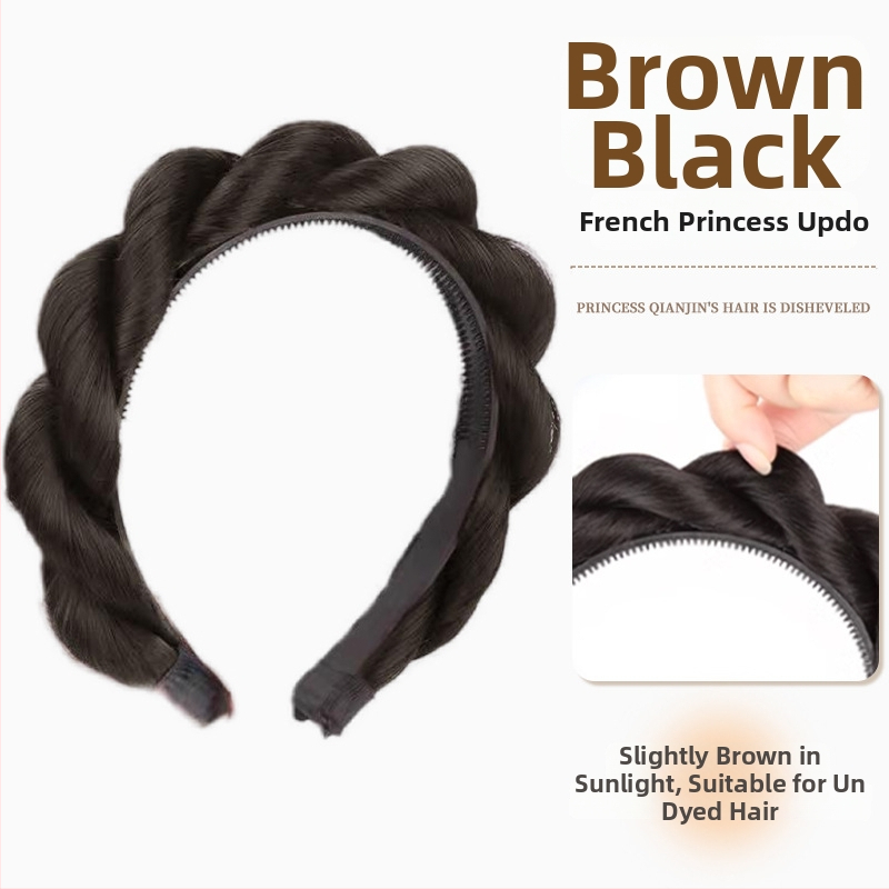 Perucă cu bandă pentru cap, împletitură în cinci șuvițe în formă de coastă de pește, lată și groasă, fibre rezistente la temperatură, lungime medie spre lungă, acoperă firele albe