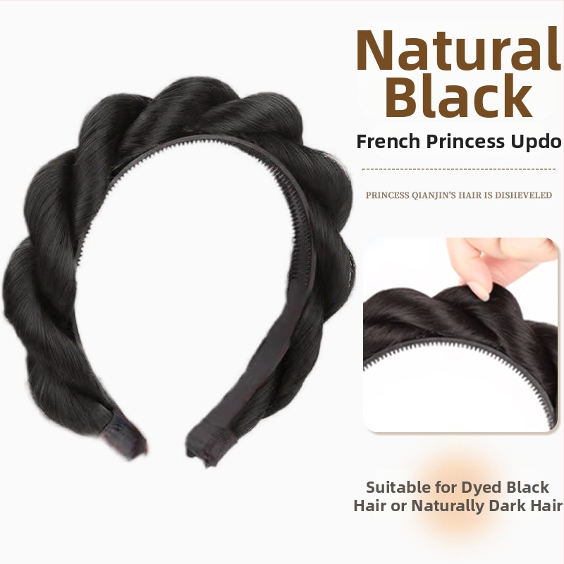 Perucă cu bandă pentru cap, împletitură în cinci șuvițe în formă de coastă de pește, lată și groasă, fibre rezistente la temperatură, lungime medie spre lungă, acoperă firele albe