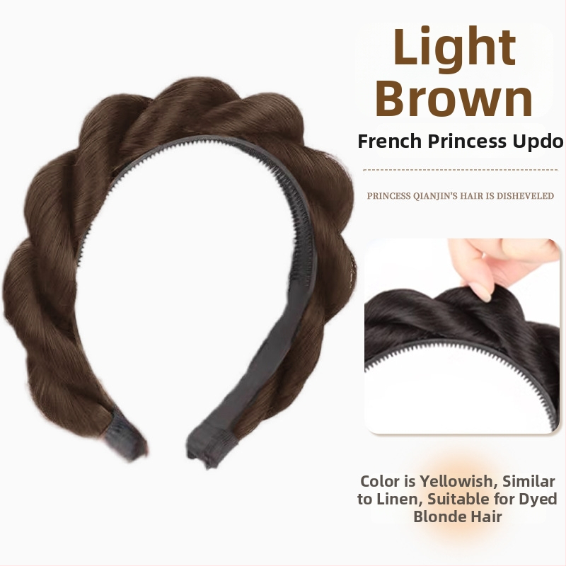 Perucă cu bandă pentru cap, împletitură în cinci șuvițe în formă de coastă de pește, lată și groasă, fibre rezistente la temperatură, lungime medie spre lungă, acoperă firele albe