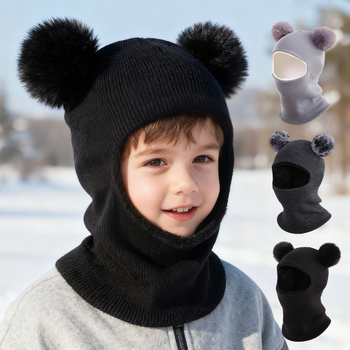 Pletená detská čiapka s ochranou uší a kapucňou, zimná akryl, s pom-pom, pre deti od 6 mesiacov do 6 rokov