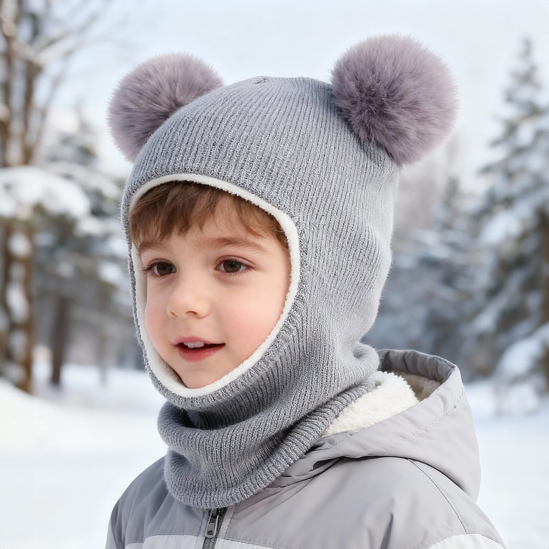 Pletená detská čiapka s ochranou uší a kapucňou, zimná akryl, s pom-pom, pre deti od 6 mesiacov do 6 rokov