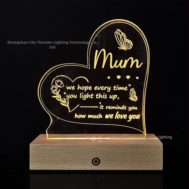 3D nočná lampa srdca z akrylu, sieťové napájanie, akrylový tienidlo, napätie ≤ 36V