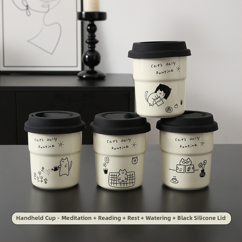 Kitten séria keramická šálka na kávu s viečkom, japonský štýl, jednoduchý štýl