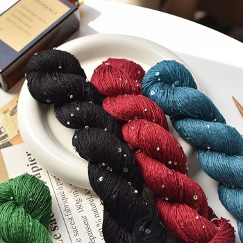 Tencel сатенена прежда с мъниста и пайети, усукана за плетене и DIY тъкани