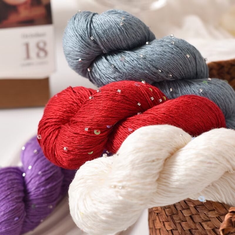 Tencel сатенена прежда с мъниста и пайети, усукана за плетене и DIY тъкани