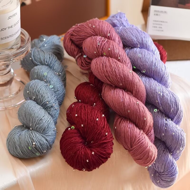 Tencel сатенена прежда с мъниста и пайети, усукана за плетене и DIY тъкани