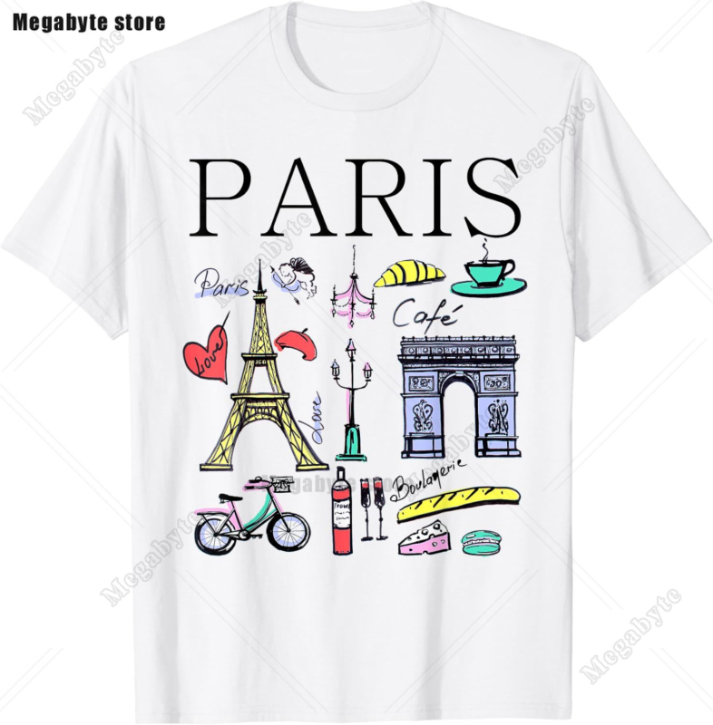 Eiffel Tower Paris T-särk - Laisva lõikega, ümmarguse kaelusega, lühikeste varrukatega, trükk logoga, 91-95% puuvill