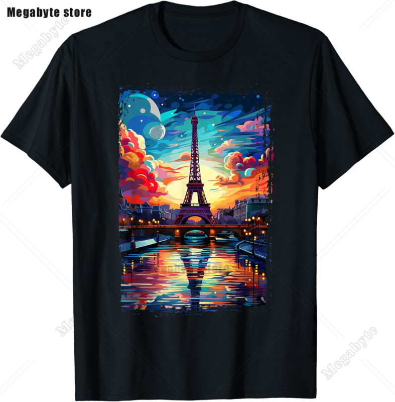 Eiffel Tower Paris T-särk - Laisva lõikega, ümmarguse kaelusega, lühikeste varrukatega, trükk logoga, 91-95% puuvill