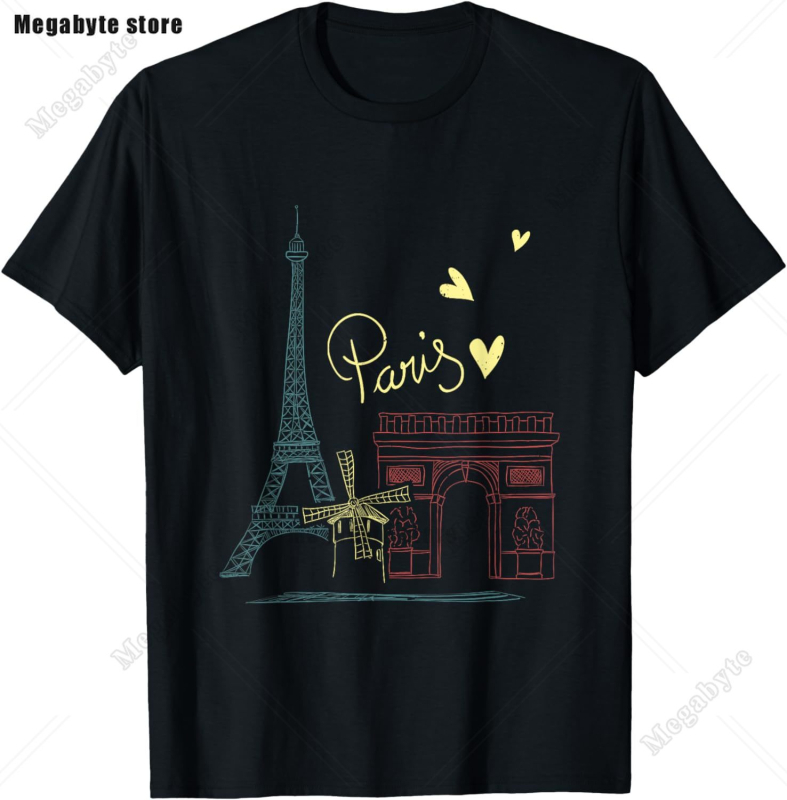 Eiffel Tower Paris T-särk - Laisva lõikega, ümmarguse kaelusega, lühikeste varrukatega, trükk logoga, 91-95% puuvill