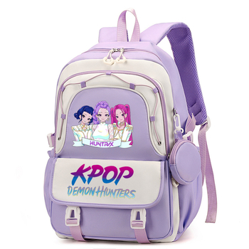 Rucsac cu imprimă grup de fete vânătoare de demoni, versiune coreeană, capac mare pentru școală, material Oxford, căptușeală nylon, închidere cu fermoar, buzunar laptop, buzunar aparat foto