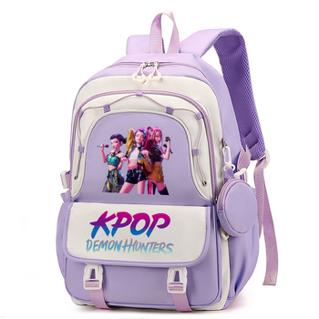 Rucsac cu imprimă grup de fete vânătoare de demoni, versiune coreeană, capac mare pentru școală, material Oxford, căptușeală nylon, închidere cu fermoar, buzunar laptop, buzunar aparat foto