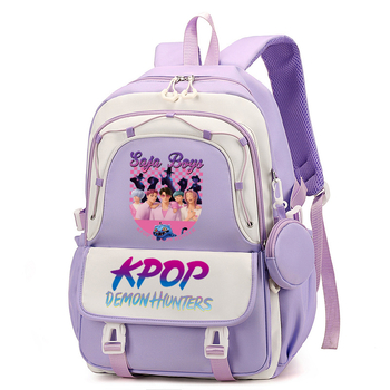 Rucsac cu imprimă grup de fete vânătoare de demoni, versiune coreeană, capac mare pentru școală, material Oxford, căptușeală nylon, închidere cu fermoar, buzunar laptop, buzunar aparat foto