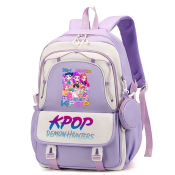 Rucsac cu imprimă grup de fete vânătoare de demoni, versiune coreeană, capac mare pentru școală, material Oxford, căptușeală nylon, închidere cu fermoar, buzunar laptop, buzunar aparat foto