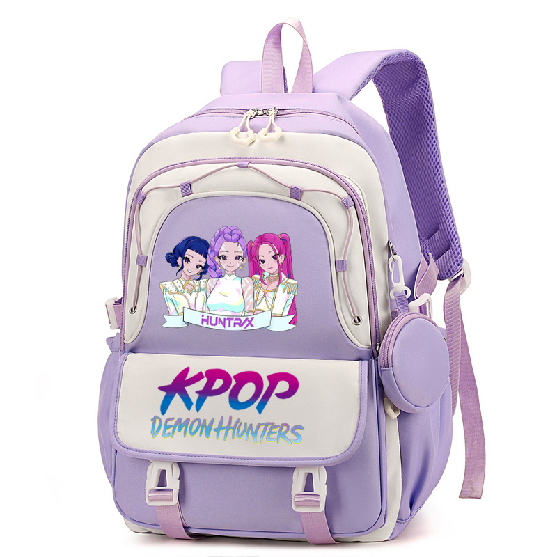 Rucsac cu imprimă grup de fete vânătoare de demoni, versiune coreeană, capac mare pentru școală, material Oxford, căptușeală nylon, închidere cu fermoar, buzunar laptop, buzunar aparat foto